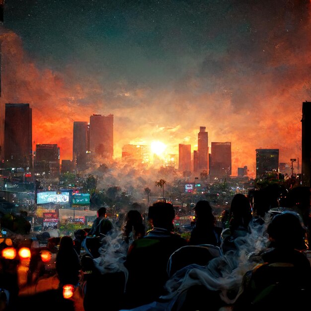 Photo une foule de gens regardent un coucher de soleil avec une ville en arrière-plan