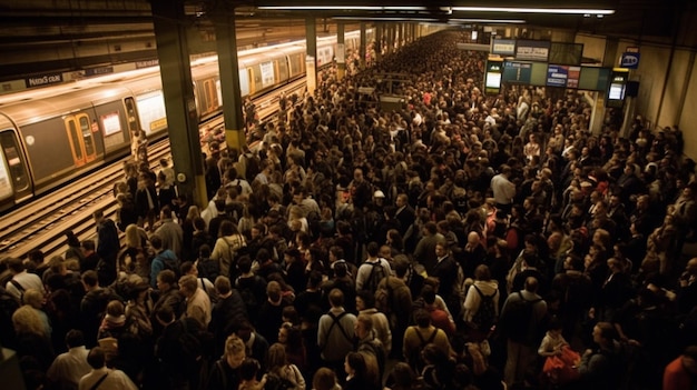 Une foule de gens s'entassent dans une station de métro.