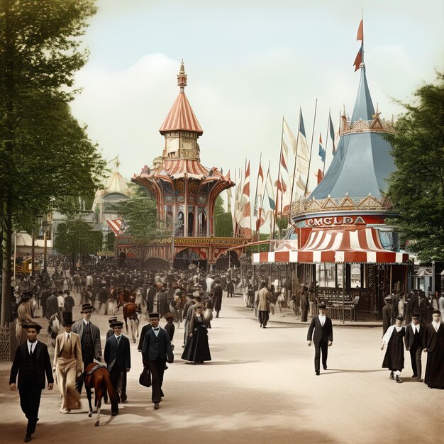 une foule de gens se promènent autour d'un carnaval avec un carrousel en arrière-plan