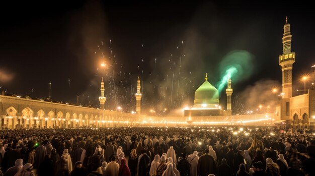 une foule de gens se rassemble à la mosquée.