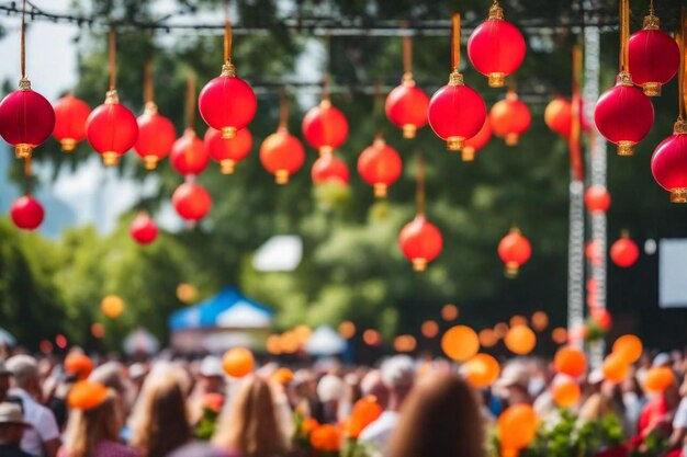 Photo une foule de gens se tiennent sous des lanternes rouges