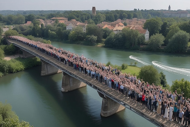 Une foule de gens se tient sur un pont sur la rivière.
