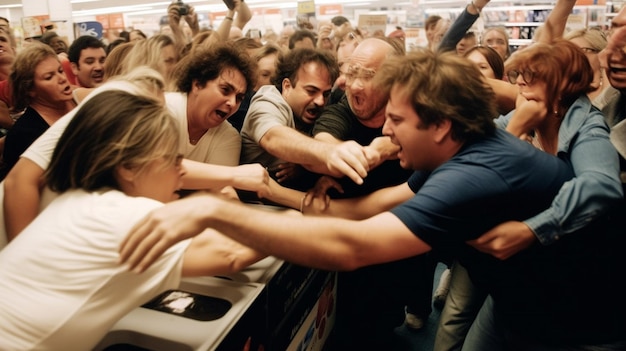 Une foule de gens sont dans un magasin, l'un tend la main à l'autre.