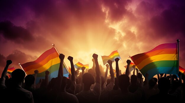 Une foule de gens tenant des drapeaux arc-en-ciel sous un ciel nuageux