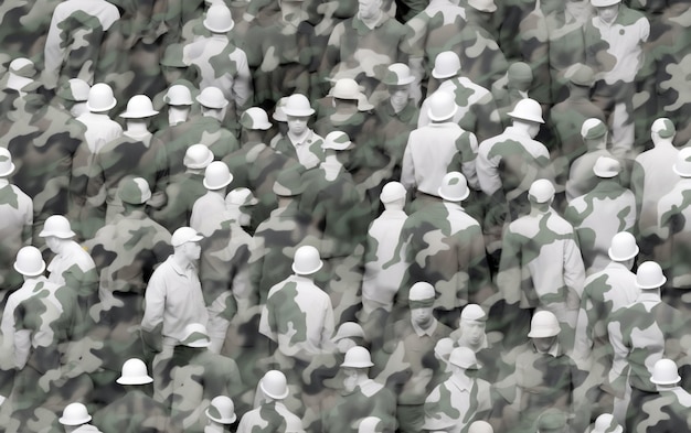 Une foule d'hommes portant des chapeaux blancs et des uniformes verts et noirs et blancs.