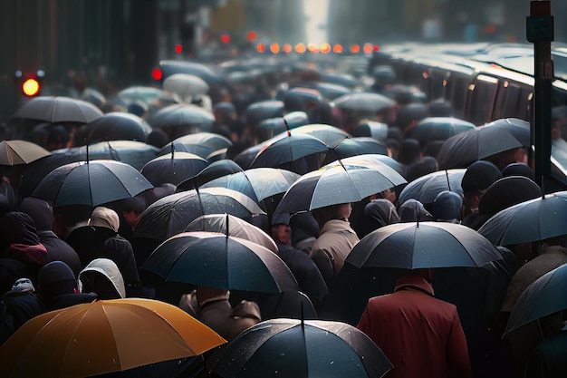 Foule d'illustration réaliste de peples avec des parapluies en ai générative de jour de pluie