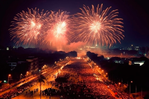 La foule indienne célèbre le festival des lumières de Diwali la nuit avec des feux d'artifice aux bougies sur fond de mosquée généré par l'IA