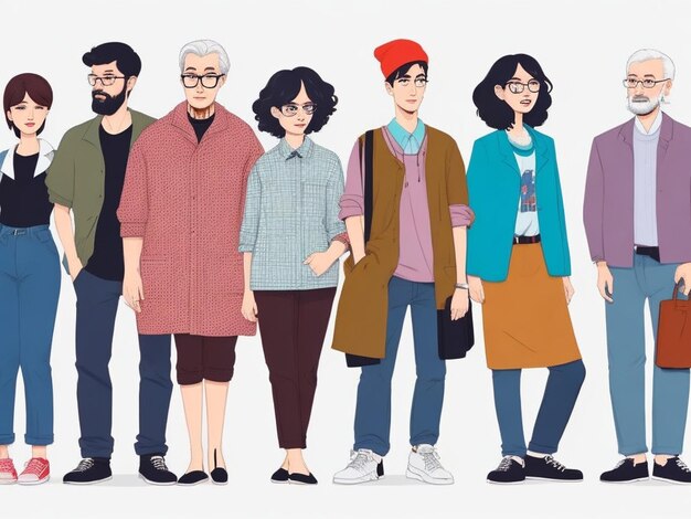 Une foule de jeunes et de vieux hommes et femmes en vêtements hipsters à la mode un groupe diversifié de gens élégants