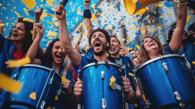 Une foule joyeuse dans le stade fête avec des trophées, des confettis et de la musique.