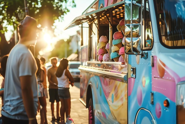 Une foule joyeuse entoure un camion de crème glacée garé dans une rue ensoleillée du quartier.