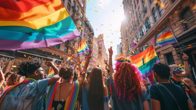 Une foule joyeuse fête avec des confettis lors du défilé de la fierté, agitant des drapeaux arc-en-ciel