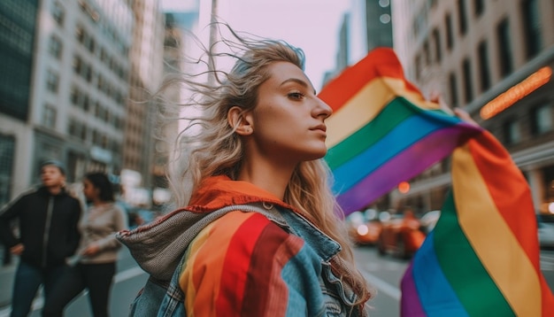 Foule levant et tenant des drapeaux arc-en-ciel pendant la fierté gaie des homosexuels multiraciaux s'amusant fierté