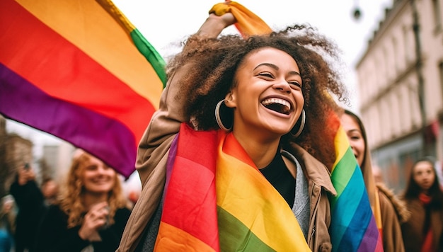 Foule levant et tenant des drapeaux arc-en-ciel pendant la fierté gaie des homosexuels multiraciaux s'amusant fierté