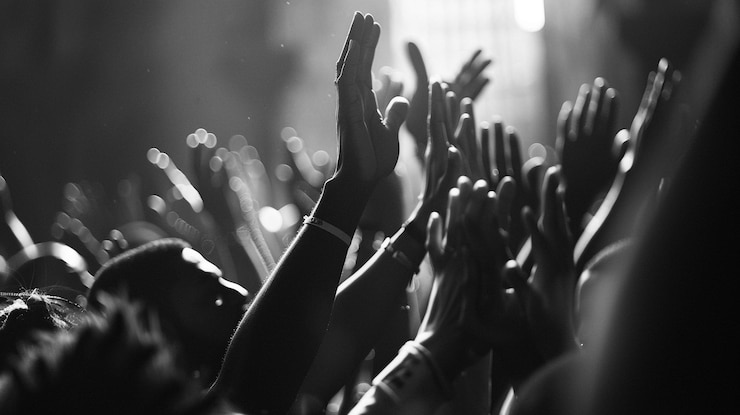 Photo la foule lève les mains.