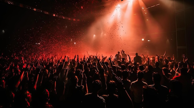 Une foule lors d'un concert avec des confettis rouges en arrière-plan