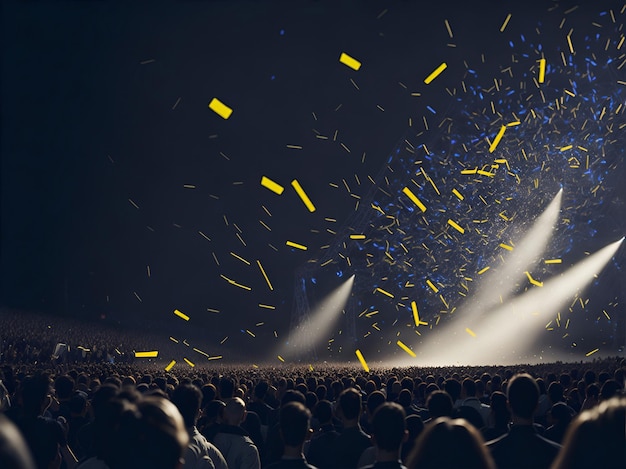 Foule lors d'un concert avec les mains en l'air. Scène de spectacle de rock avec lumières de scène et silhouette de personnes lors d'un festival.