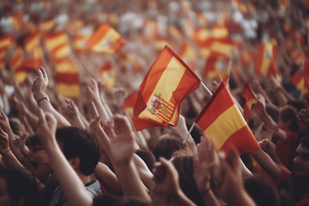 Foule méconnaissable célébrant avec agitant des drapeaux d'Espagne Generative Ai