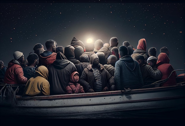 Photo foule de migrants et de réfugiés sur un bateau la nuit illustration de haute qualité