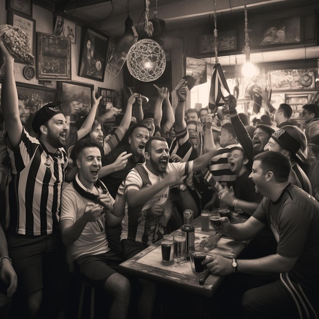 Une foule monochrome d'individus dans un bar créant une scène captivante en noir et blanc