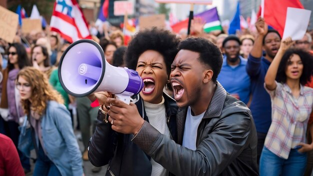 Photo une foule multiethnique de personnes luttant pour la liberté lors d'une manifestation contre la discrimination raciale.