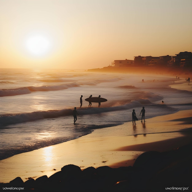 Une foule de personnes ou d'amis court au coucher du soleil sur la mer Concept de voyage de vacances à la plage