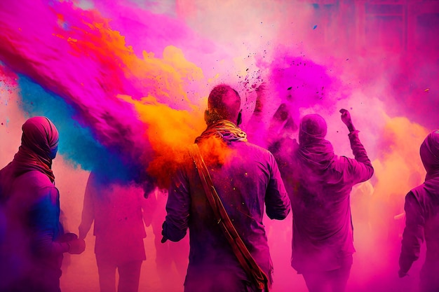 Une foule de personnes célébrant holi en inde