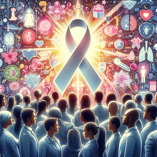 une foule de personnes debout devant une affiche qui brille à travers l'obscurité cancer du sein