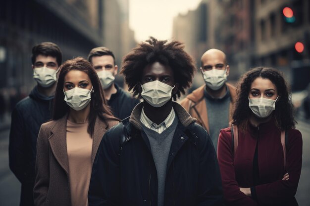 Une foule de personnes de différentes nationalités portant des masques marchent dans une rue de la ville. L'image est un rappel puissant de la pandémie mondiale de COVID-19