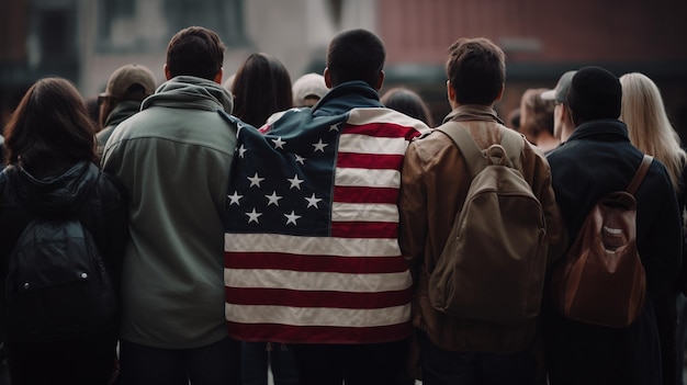 Une foule de personnes font la queue, l'une d'elles a un drapeau américain sur le dos.