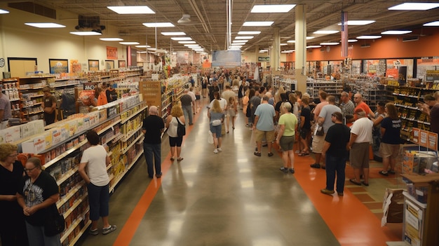 Une foule de personnes à l'intérieur d'un magasin avec le mot home depot sur le mur