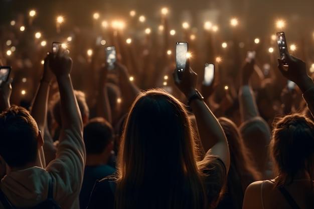 Une foule de personnes lors d'un concert ou d'une fête tenant la main et les smartphones à l'aide d'une IA générative