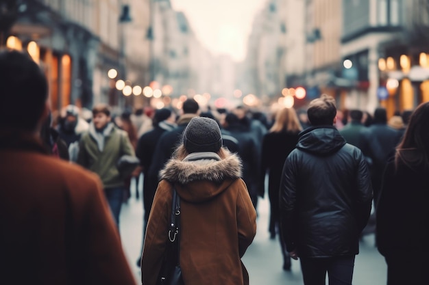 Foule de personnes marchant dans une rue animée se déplaçant rapidement dans le centre-ville