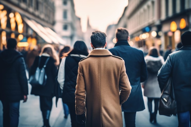 Foule de personnes marchant dans une rue animée se déplaçant rapidement dans le centre-ville