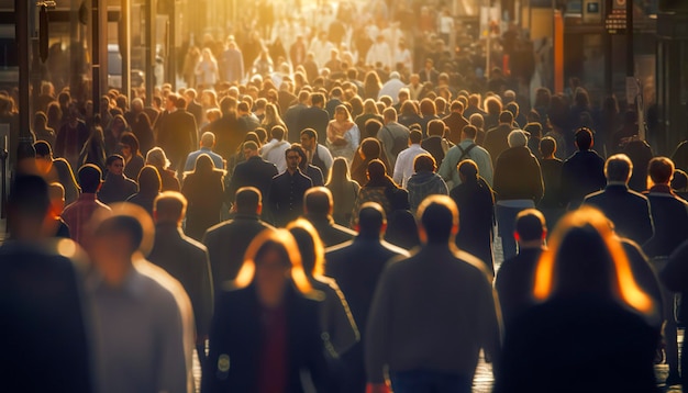 Photo foule de personnes marchant dans une rue animée de la ville rétro-éclairée generative ai