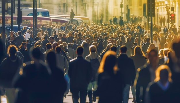 Foule de personnes marchant dans une rue animée de la ville rétro-éclairée Generative AI