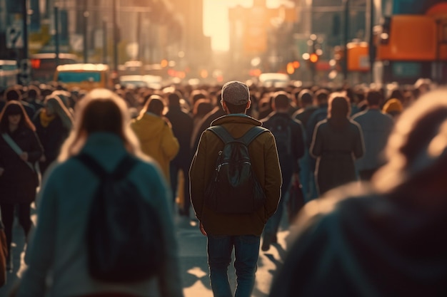 Foule de personnes marchant sur une route très fréquentée grâce à l'IA générative