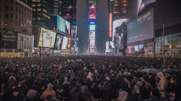 Une foule de personnes sont rassemblées à Times Square à New York.