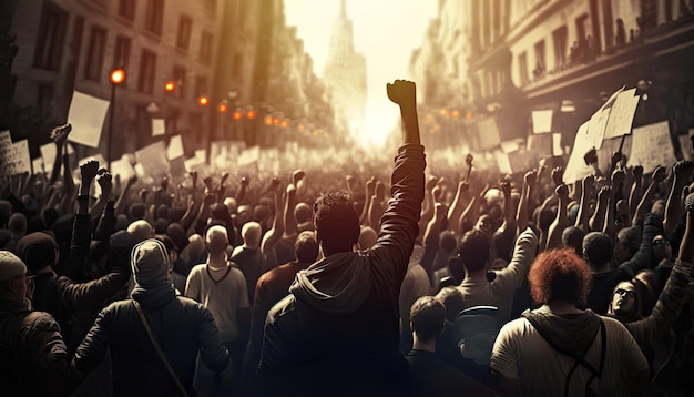 Foule qui proteste contre les gens dans la rue de la ville avec le poing levé vue arrière marche de protestation nationale anti-guerre