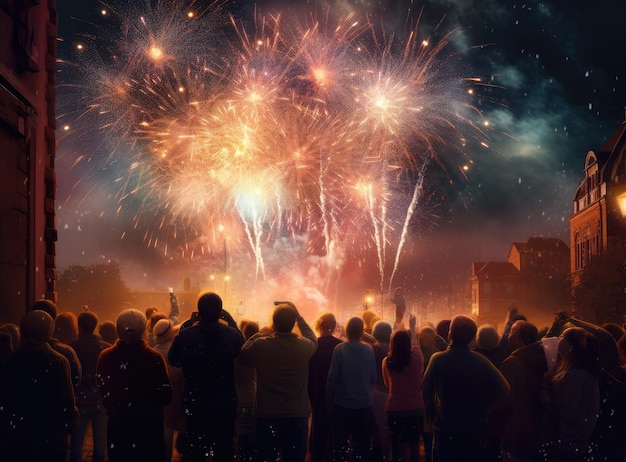 Foule regardant des feux d'artifice et célébrant