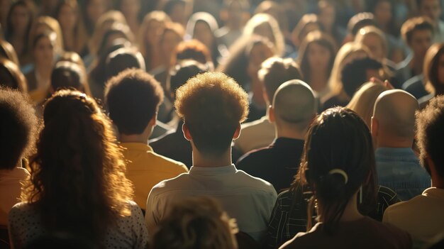 Photo une foule variée de gens qui marchent au coucher du soleil.