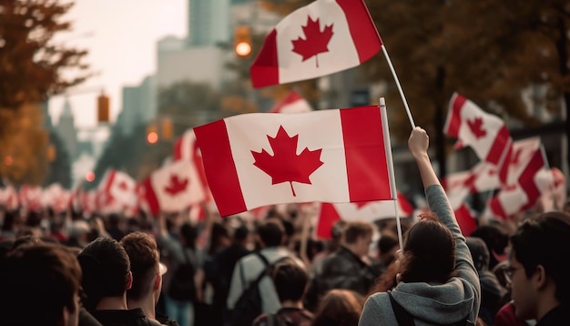 Photo des foules applaudissant ou manifestant avec le drapeau canadien agité