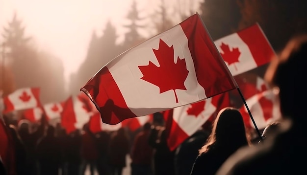 Photo des foules applaudissant ou manifestant avec le drapeau canadien agité