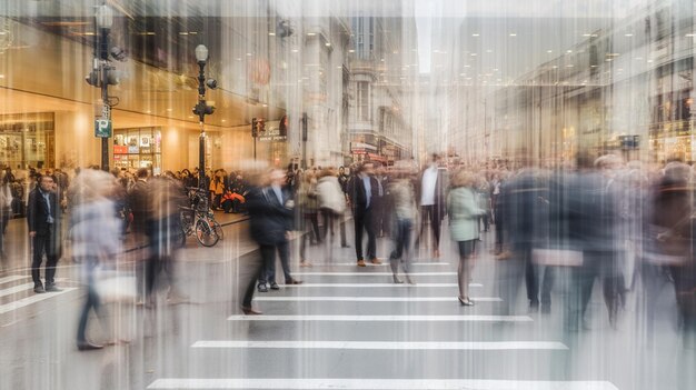 Des foules floues de personnes fusionnent pour symboliser la vie urbaine trépidante