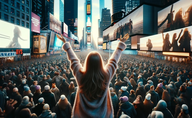 Des foules de gens célébrant le Nouvel An à New York avec une jeune fille au centre de l'image