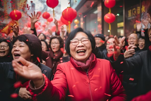 Des foules de gens dans la rue célèbrent le Nouvel An chinois les rues sont décorées de lanternes rouges