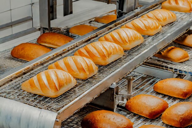 Four à bande transporteuse automatisé dans une boulangerie qui produit du pain fraîchement cuit génération ai