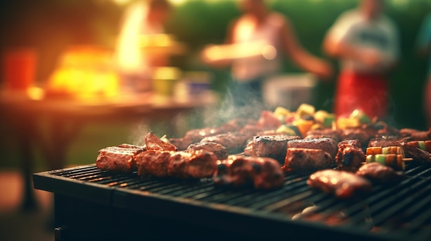 four à barbecue dans la cour avec de la nourriture sur la table IA générative