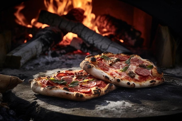 Le four à pizza au feu de bois brûle