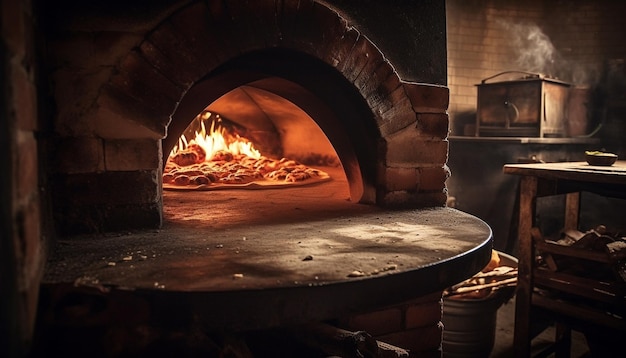 Un four à pizza avec un four à bois en arrière-plan.