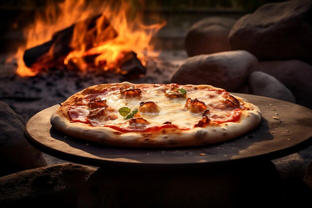 Un four à pizza en plein air en action